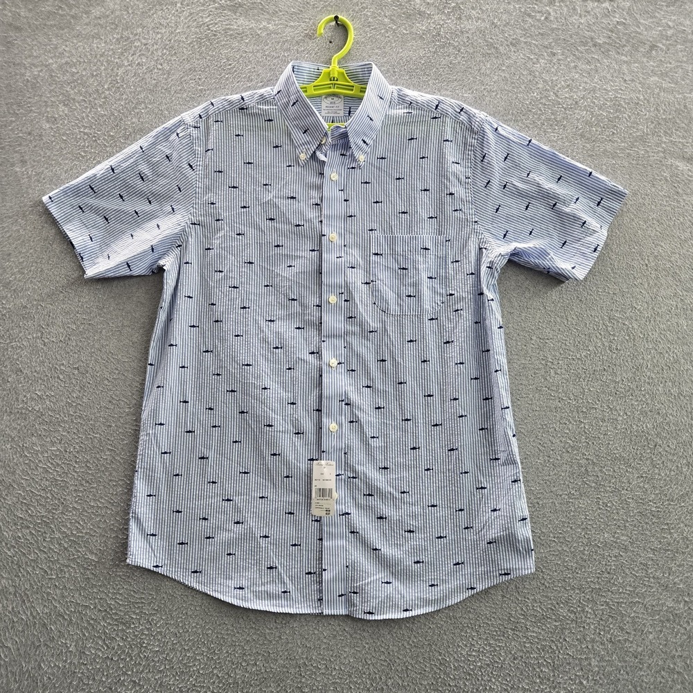 Brooks Brothers Men Button Up Shirt M Blue Stripe Fish Seersucker Regent Fit NWT